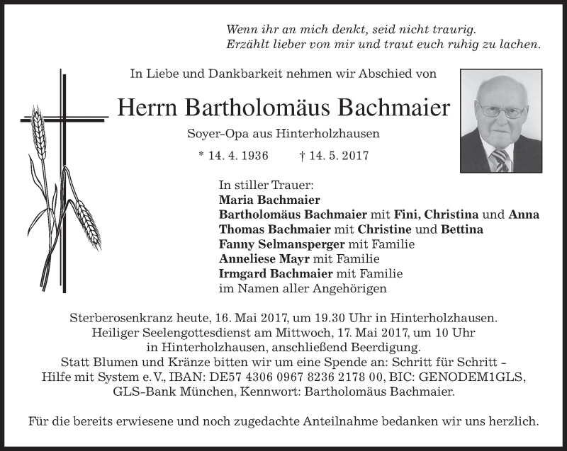  Traueranzeige für Bartholomäus Bachmaier vom 16.05.2017 aus merkurtz