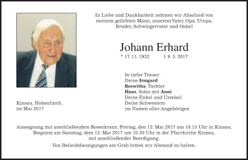 Traueranzeige von Johann Erhard von merkurtz