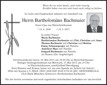 Traueranzeige von Bartholomäus Bachmaier von merkurtz