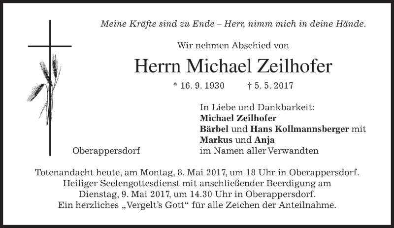  Traueranzeige für Michael Zeilhofer vom 08.05.2017 aus merkurtz