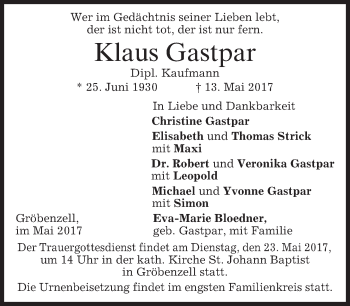 Traueranzeige von Klaus Gastpar von merkurtz