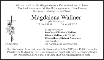 Traueranzeige von Magdalena Wallner von merkurtz