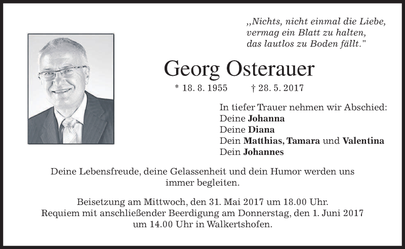  Traueranzeige für Georg Osterauer vom 30.05.2017 aus merkurtz