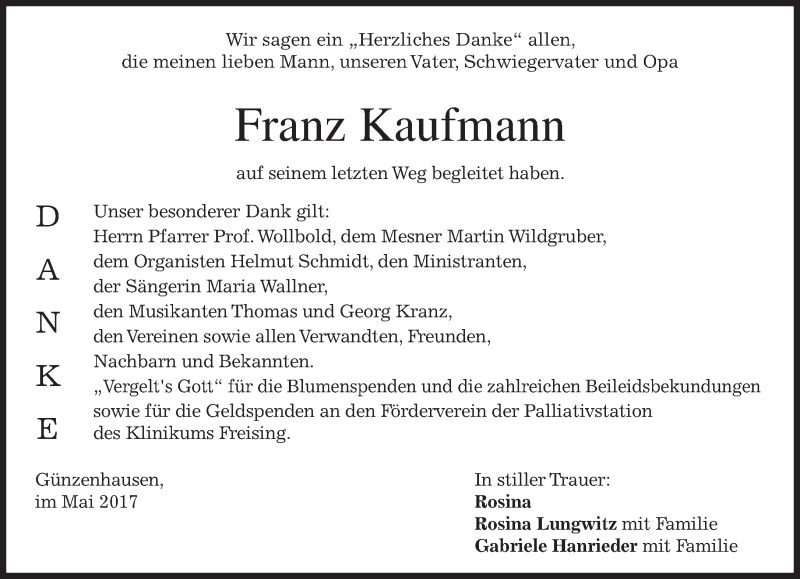  Traueranzeige für Franz Kaufmann vom 27.05.2017 aus merkurtz