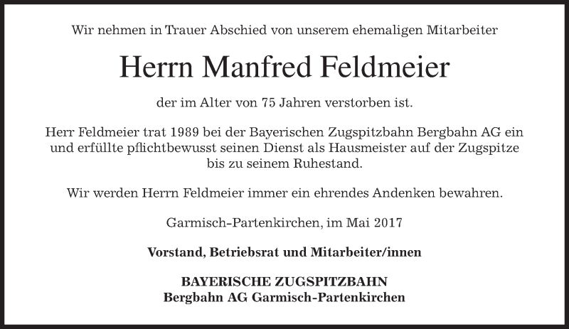 Traueranzeige für Manfred Feldmeier vom 03.05.2017 aus merkurtz