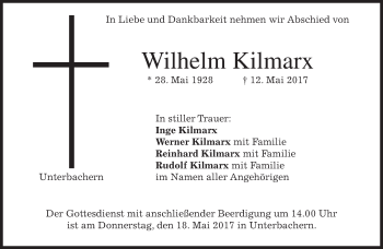 Traueranzeige von Wilhelm Kilmarx von merkurtz
