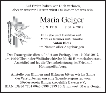 Traueranzeigen von Maria Geiger | trauer.merkur.de