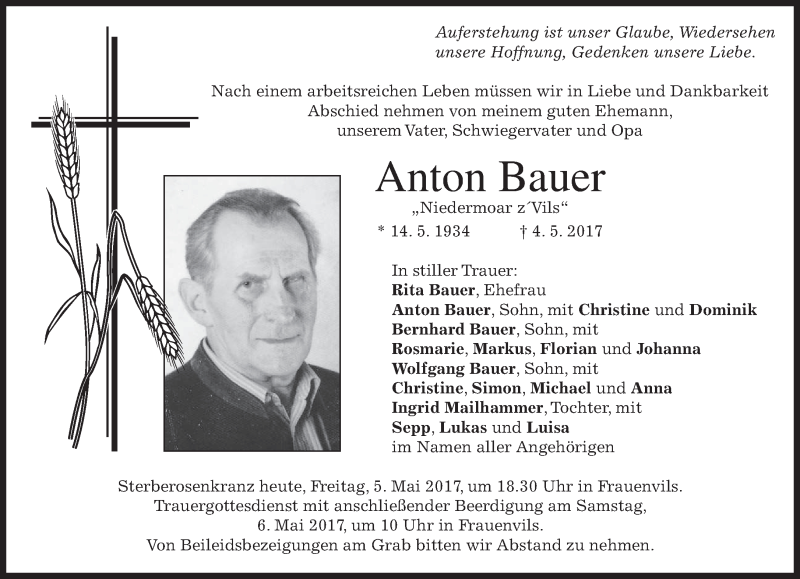  Traueranzeige für Anton Bauer vom 05.05.2017 aus merkurtz