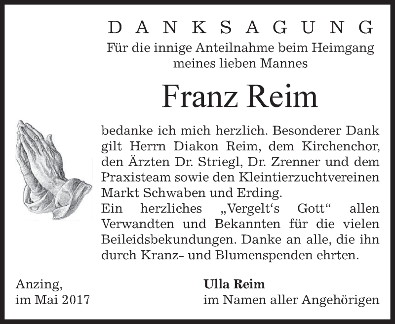 Traueranzeige für Franz Reim vom 06.05.2017 aus merkurtz