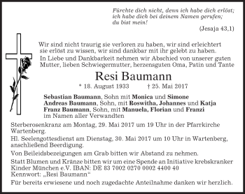 Traueranzeige von Resi Baumann von merkurtz