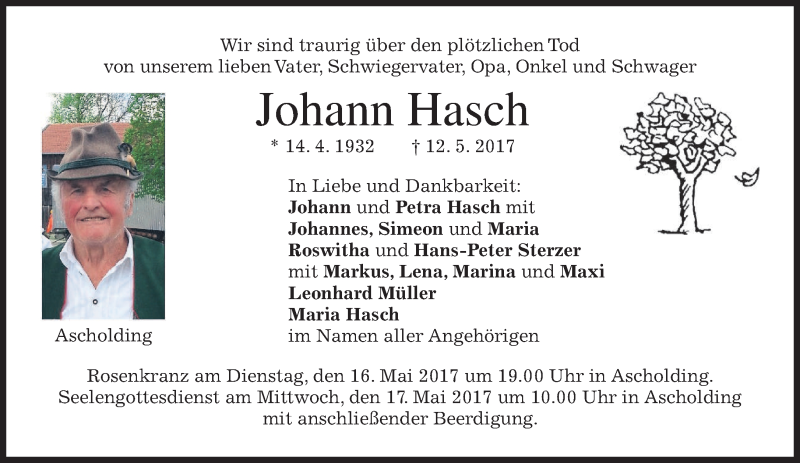  Traueranzeige für Johann Hasch vom 13.05.2017 aus merkurtz
