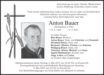 Traueranzeige von Anton Bauer von merkurtz