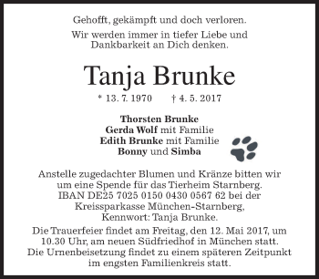 Traueranzeige von Tanja Brunke von merkurtz