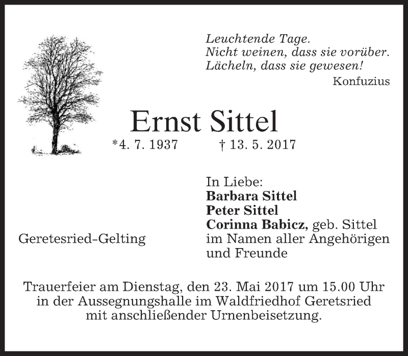  Traueranzeige für Ernst Sittel vom 18.05.2017 aus merkurtz