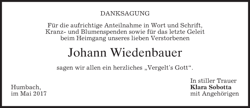  Traueranzeige für Johann Wiedenbauer vom 05.05.2017 aus merkurtz