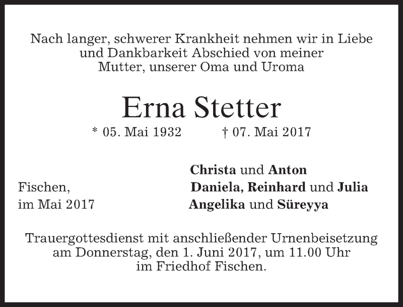  Traueranzeige für Erna Stetter vom 27.05.2017 aus merkurtz