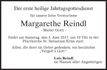 Traueranzeige von Margarethe Reindl von merkurtz