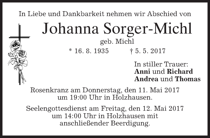  Traueranzeige für Johanna Sorger-Michl vom 10.05.2017 aus merkurtz