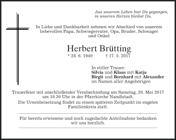 Traueranzeige von Herbert Brütting von merkurtz