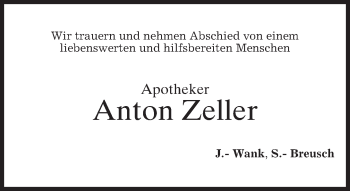 Traueranzeige von Anton Zeller von merkurtz