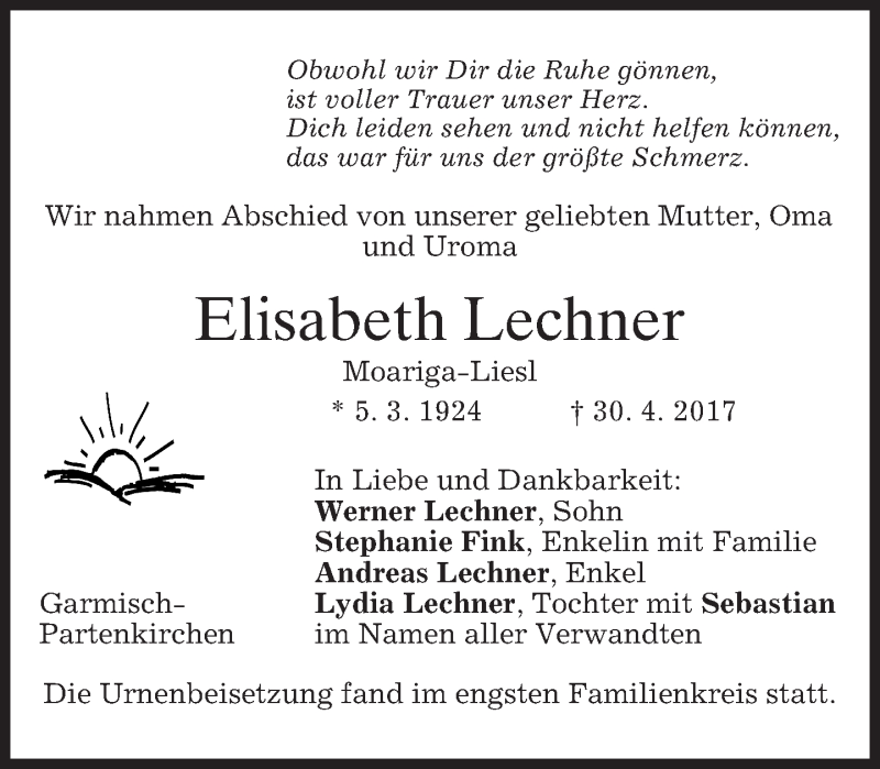  Traueranzeige für Elisabeth Lechner vom 10.05.2017 aus merkurtz