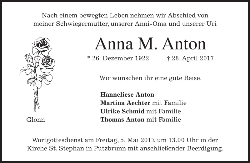  Traueranzeige für Anna M. Anton vom 02.05.2017 aus merkurtz