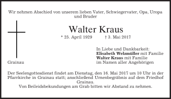 Traueranzeige von Walter Kraus von merkurtz