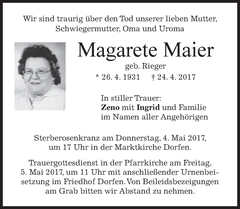  Traueranzeige für Magarete Maier vom 03.05.2017 aus merkurtz