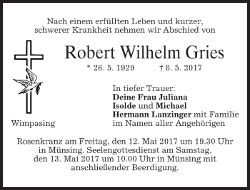 Traueranzeige von Robert Wilhelm Gries von merkurtz