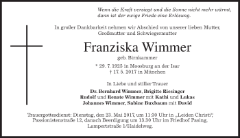 Traueranzeige von Franziska Wimmer von merkurtz