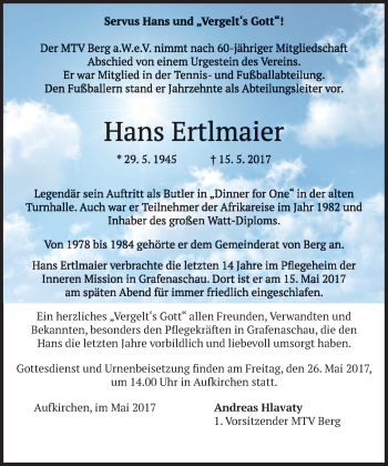 Traueranzeige von Hans Ertlmaier von merkurtz