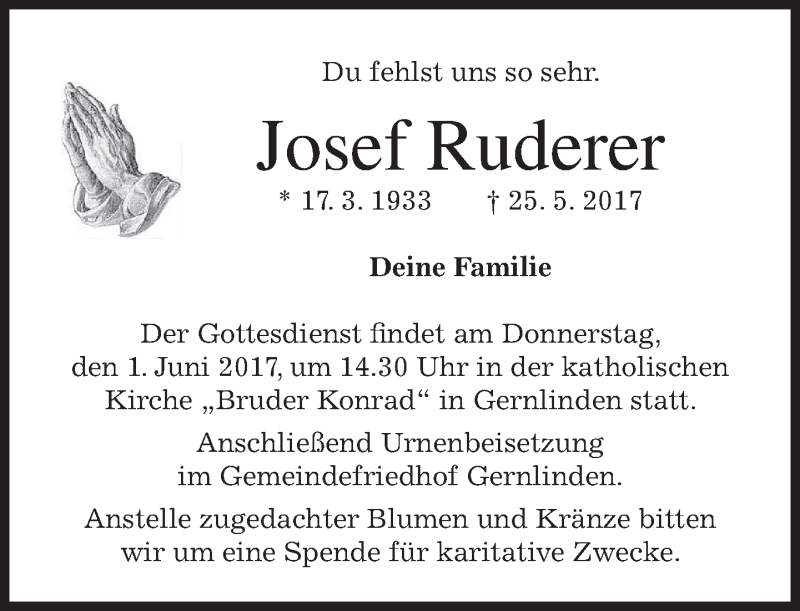  Traueranzeige für Josef Ruderer vom 29.05.2017 aus merkurtz