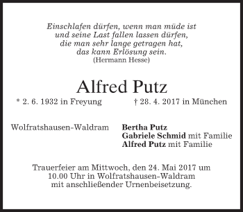 Traueranzeige von Alfred Putz von merkurtz
