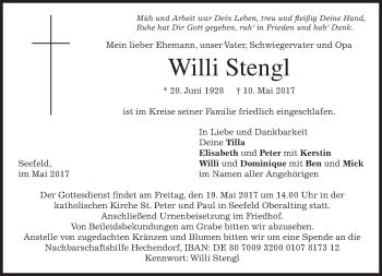 Traueranzeige von Willi Stengl von merkurtz