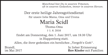 Traueranzeige von Maria Seidl von merkurtz