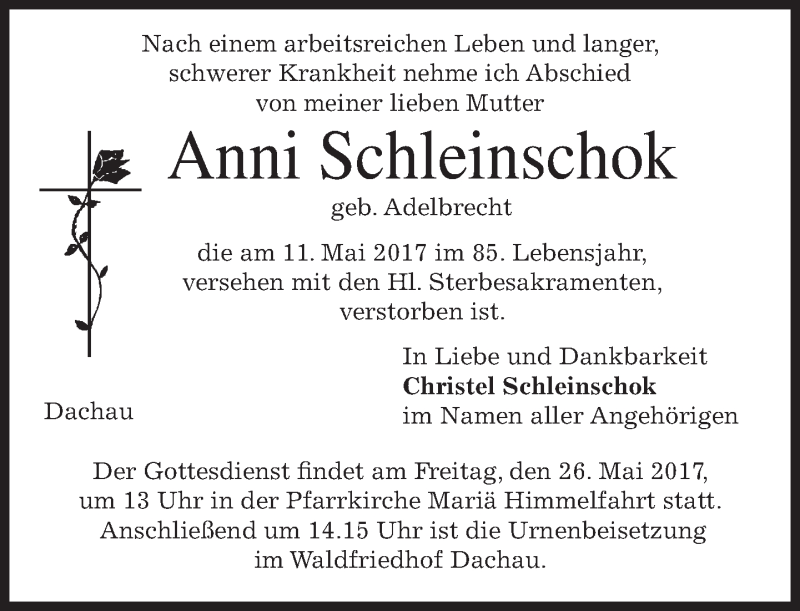 Traueranzeige für Anni Schleinschok vom 20.05.2017 aus merkurtz