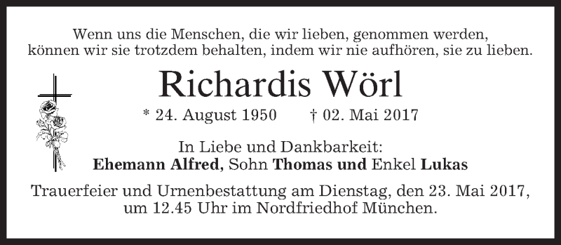 Traueranzeige für Richardis Wörl vom 06.05.2017 aus merkurtz