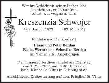 Traueranzeige von Kreszenzia Schwojer von merkurtz
