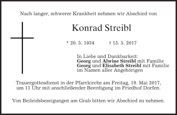 Traueranzeige von Konrad Streibl von merkurtz