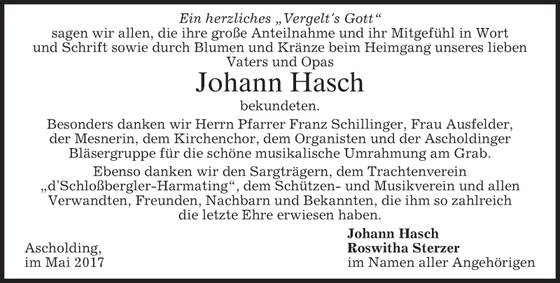  Traueranzeige für Johann Hasch vom 27.05.2017 aus merkurtz