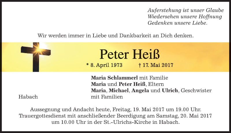  Traueranzeige für Peter Heiß vom 19.05.2017 aus merkurtz