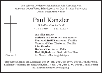 Traueranzeige von Paul Kanzler von merkurtz