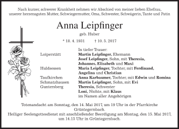 Traueranzeige von Anna Leipfinger von merkurtz