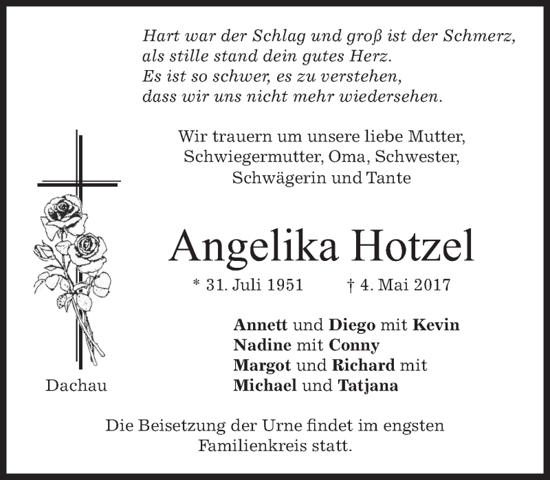  Traueranzeige für Angelika Hotzel vom 13.05.2017 aus merkurtz