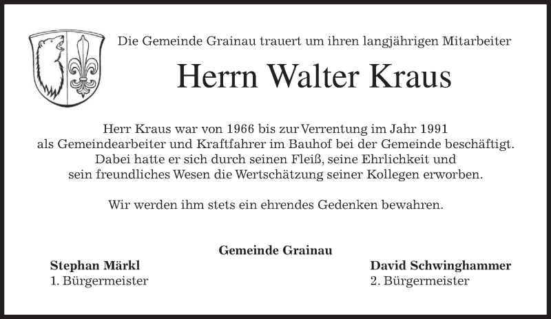  Traueranzeige für Walter Kraus vom 12.05.2017 aus merkurtz