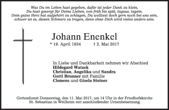 Traueranzeige von Johann Enenkel von merkurtz