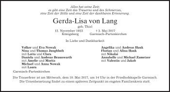 Traueranzeige von Gerda-Lisa von Lang von merkurtz