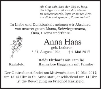 Traueranzeige von Anna Haas von merkurtz