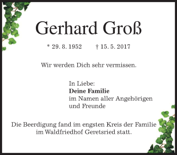Traueranzeige von Gerhard Groß von merkurtz