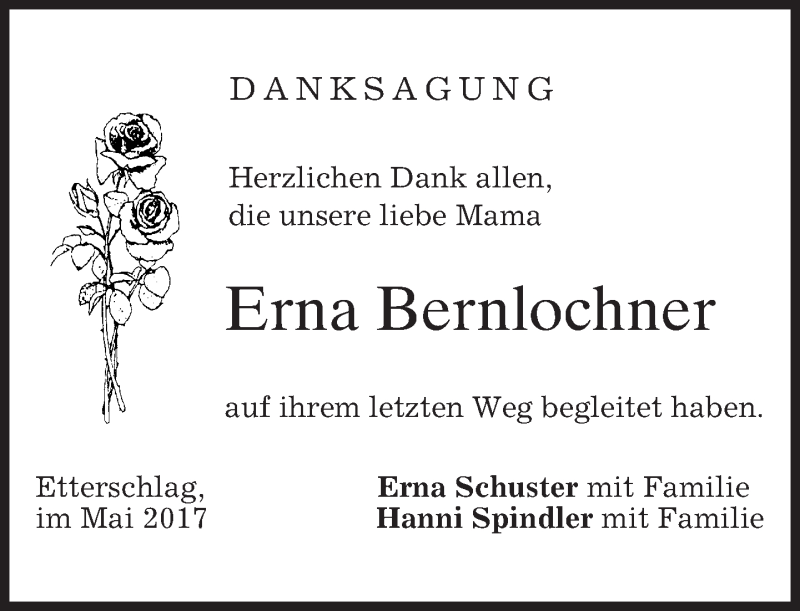  Traueranzeige für Erna Bernlochner vom 20.05.2017 aus merkurtz